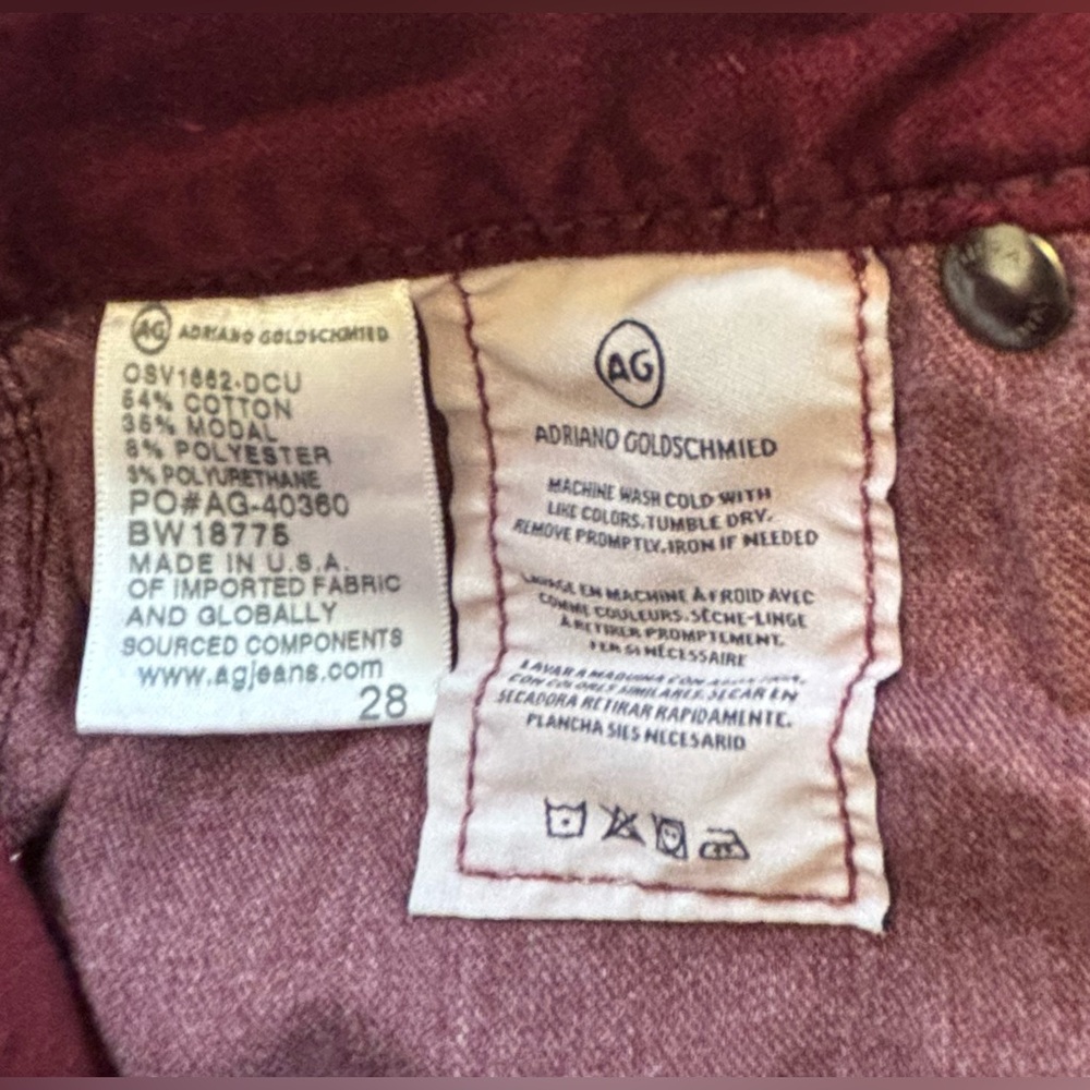 AG Adriano Goldschmied Jodi Crop Velvet Jeans Gooseberry Burgundy Size 28 - Picture 4 of 5